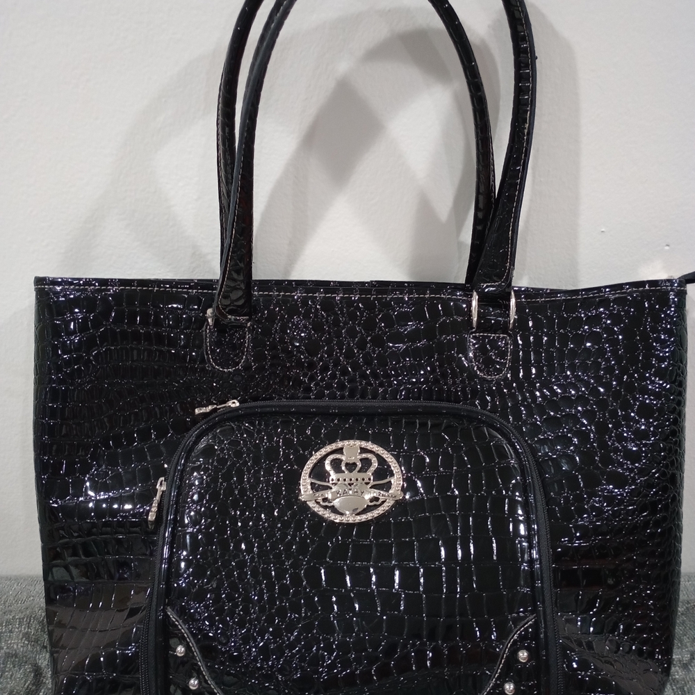 Y2K Kathy Van Zeeland Crocodile Large Black Travelware XL Embossed Tote